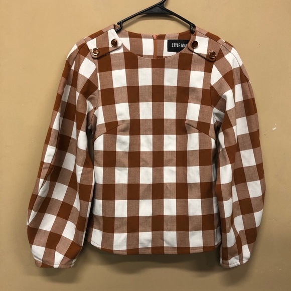 Style Mafia Womens Balloon Sleeve Top Gingham - Picture 1 of 7